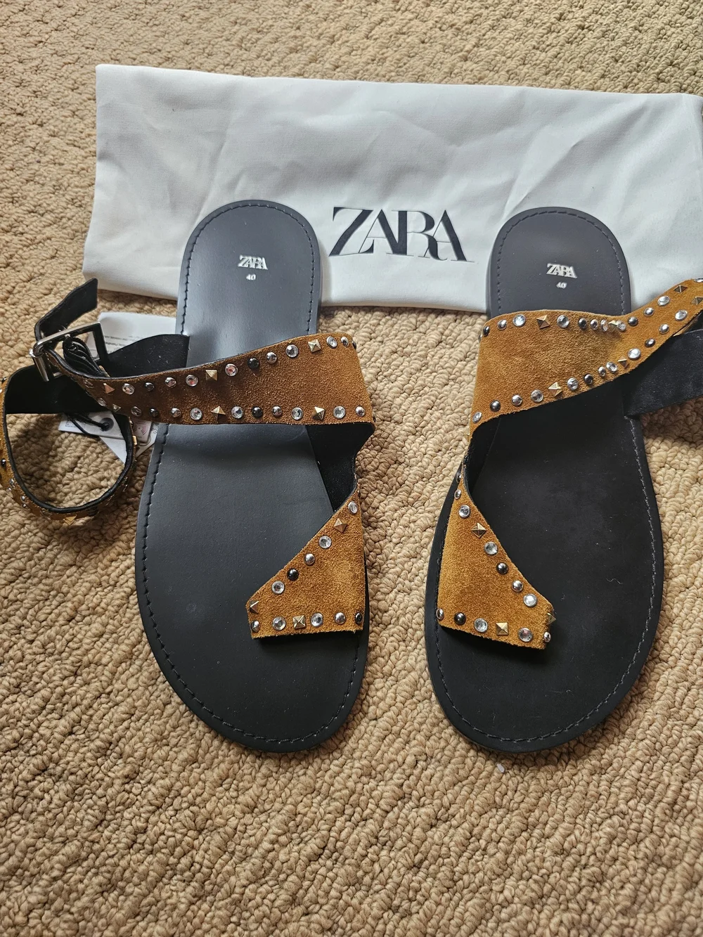 Zara Mustard Suede Studded Flat Sandals